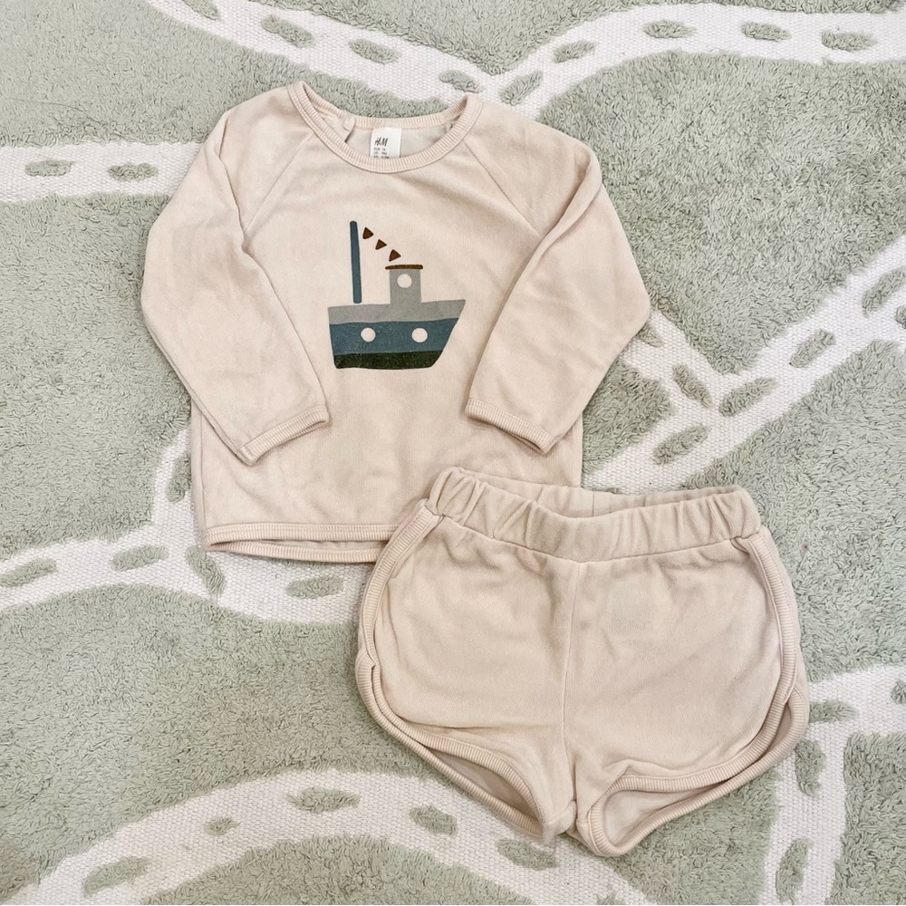 H&M Baby Exclusive Tug Boat Terry Sweatshirt + Track Shorts Set in Beige
